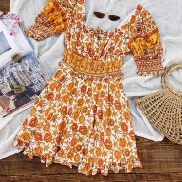 Bohemian Floral Retro Smocked Mini Dress - Picture 1 of 8